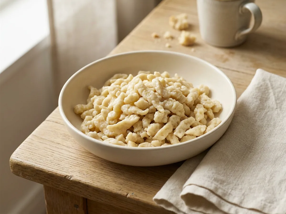 Symbolbild zum Rezept Spätzle: das fertige Gericht auf einem hellen Teller angerichtet