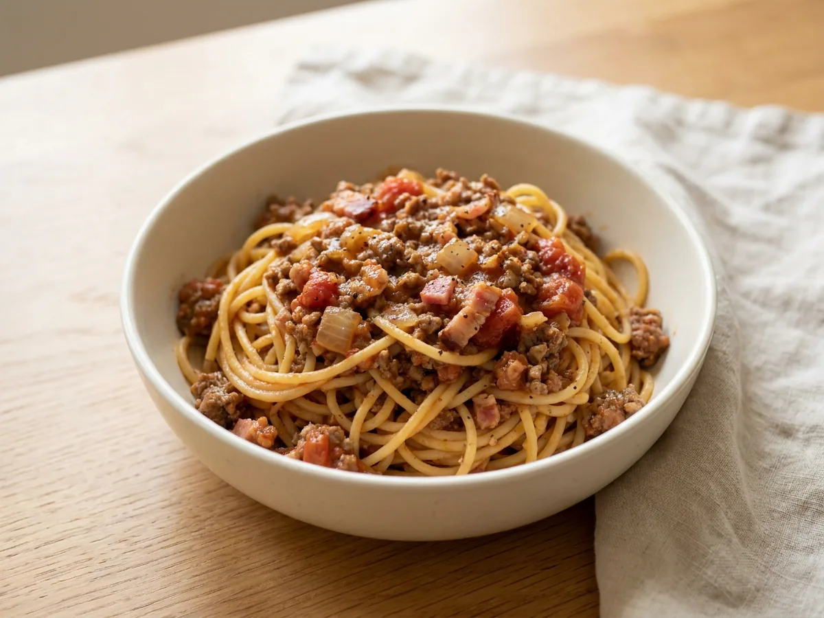 Symbolbild zum Rezept Spagetti Bolognese: das fertige Gericht auf einem hellen Teller angerichtet