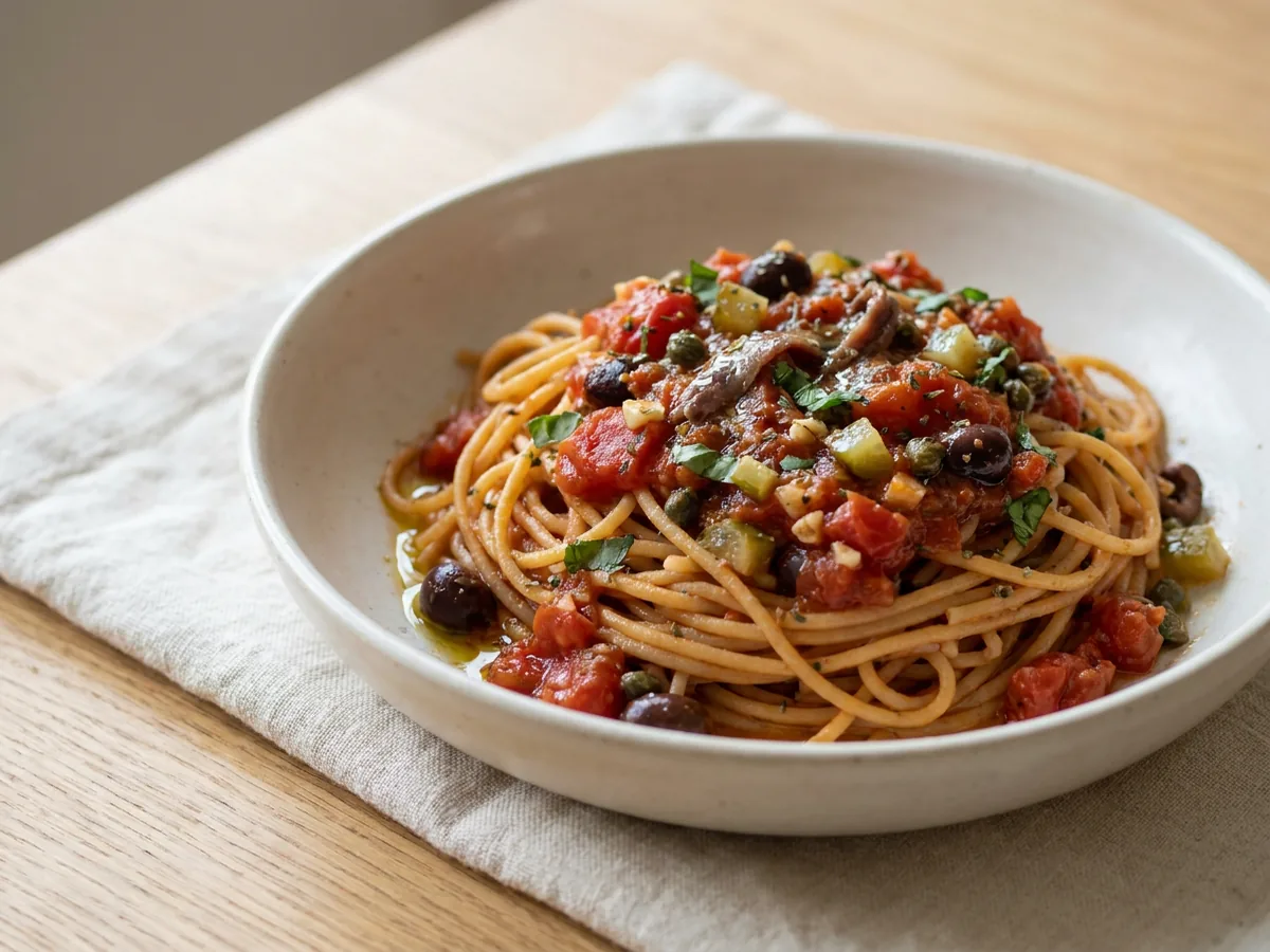 Symbolbild zum Rezept Spaghetti alla Turiddu: das fertige Gericht auf einem hellen Teller angerichtet