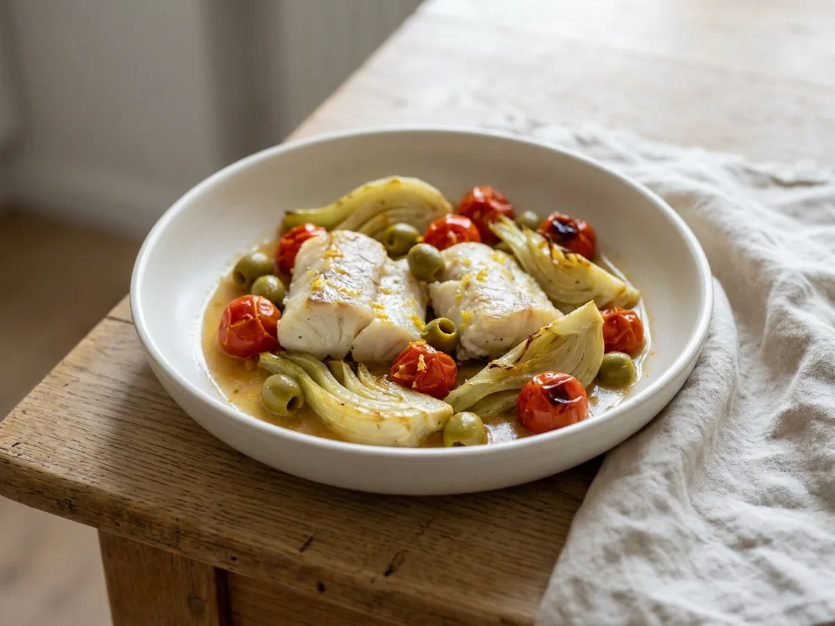 Symbolbild zum Rezept Spanische Fischplatte: das fertige Gericht auf einem hellen Teller angerichtet