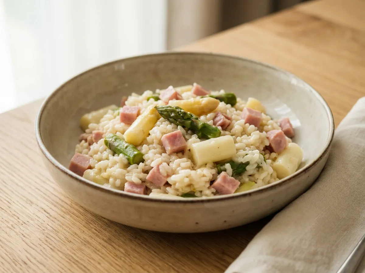 Symbolbild zum Rezept Spargelrisotto: das fertige Gericht auf einem hellen Teller angerichtet