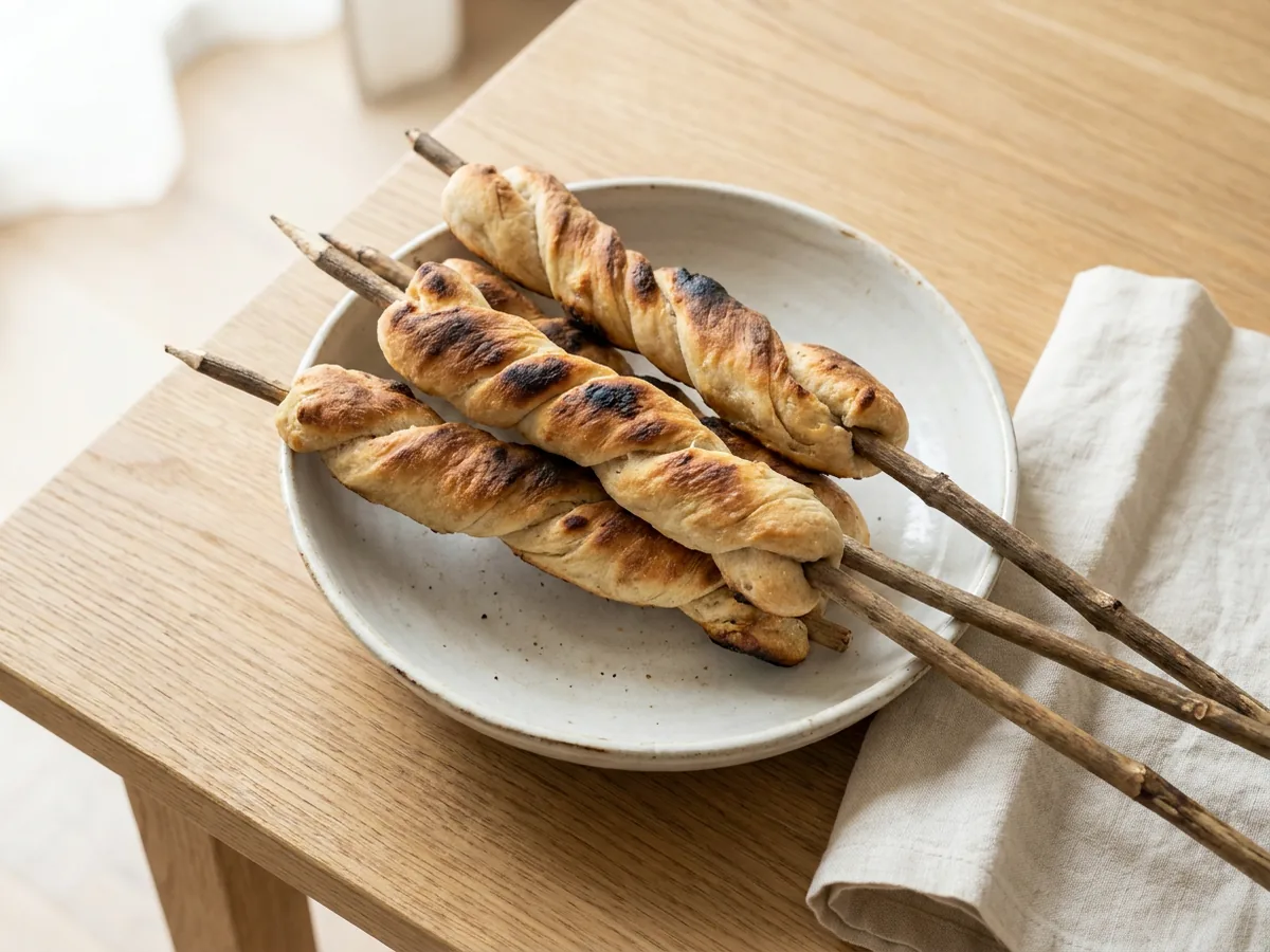 Symbolbild zum Rezept Stockbrot: das fertige Gericht auf einem hellen Teller angerichtet