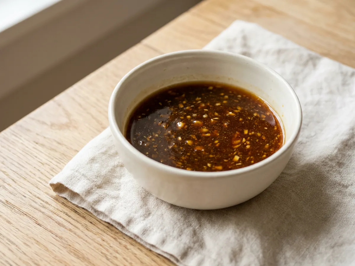 Symbolbild zum Rezept Teriyaki-Sauce: das fertige Gericht auf einem hellen Teller angerichtet