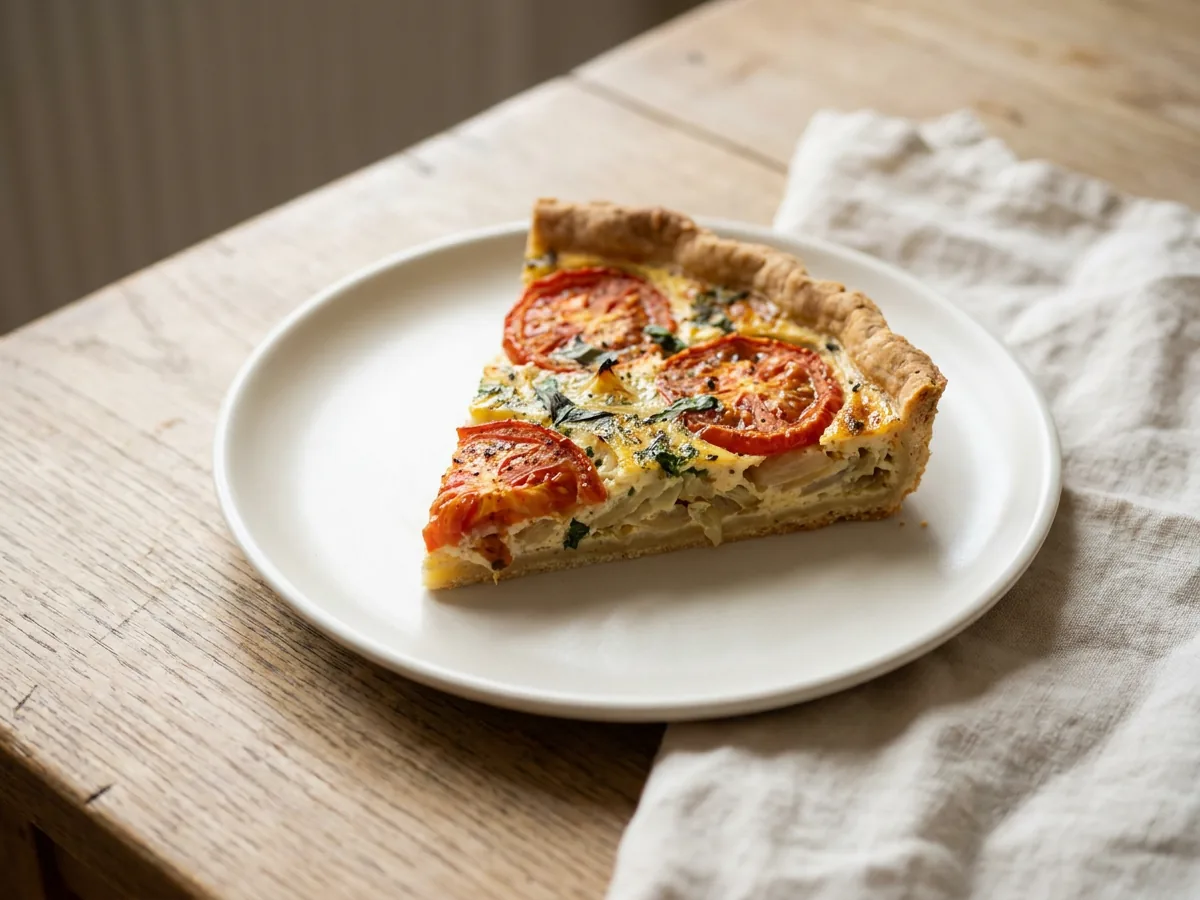 Symbolbild zum Rezept Tomatenkuchen: das fertige Gericht auf einem hellen Teller angerichtet