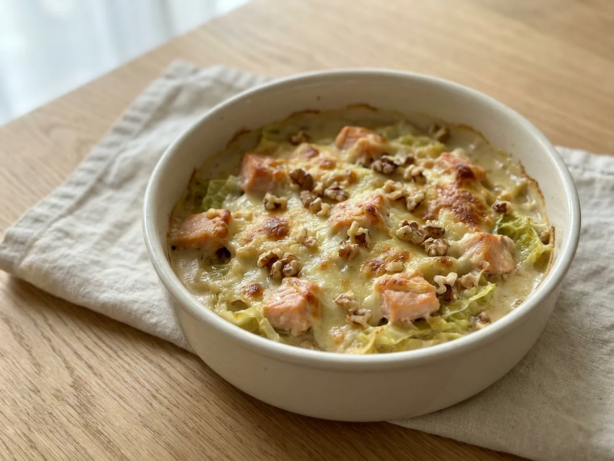 Symbolbild zum Rezept Wirsing-Lachs-Gratin: das fertige Gericht auf einem hellen Teller angerichtet