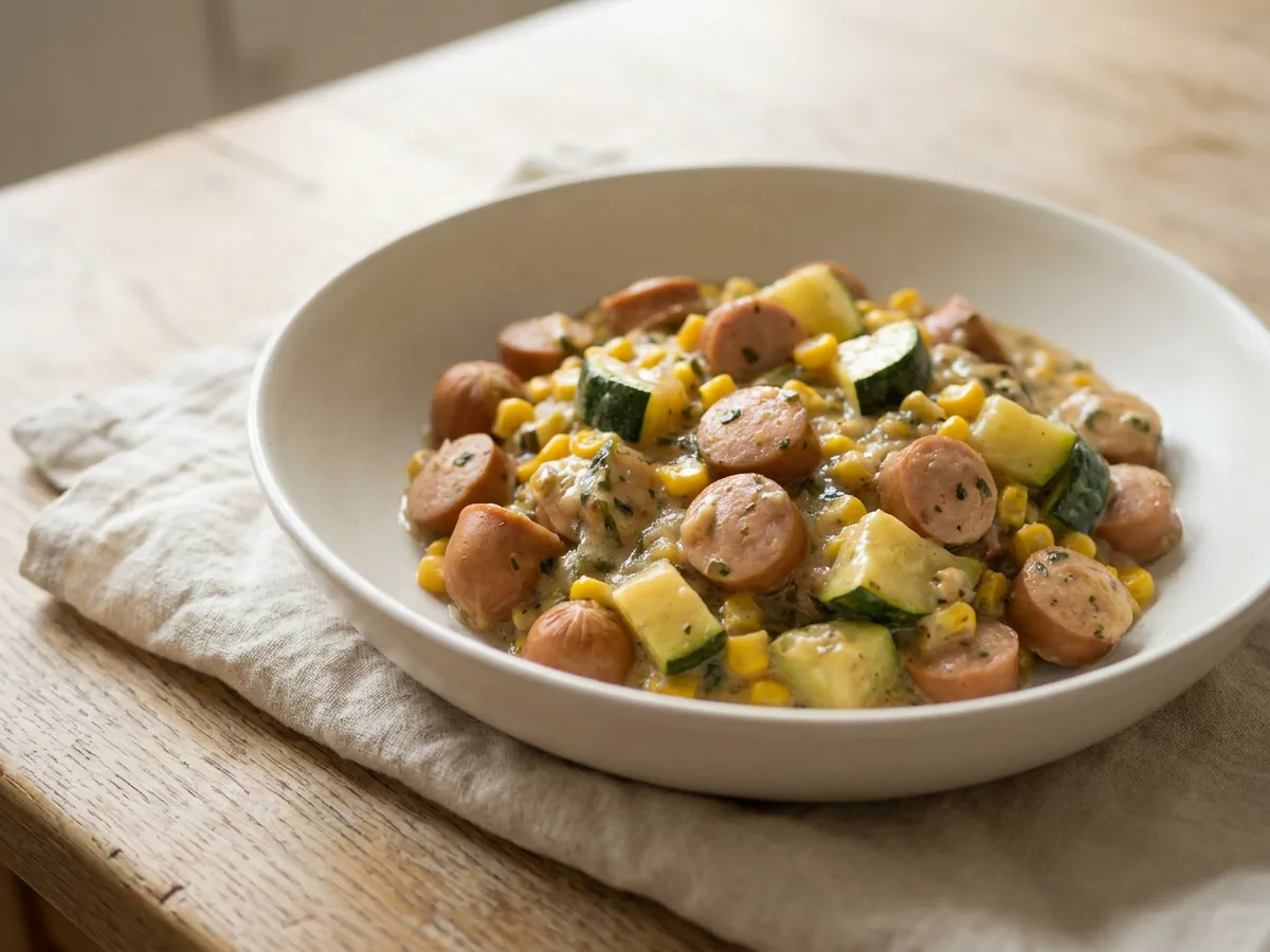 Symbolbild zum Rezept Wurst-Gemüse-Pfanne: das fertige Gericht auf einem hellen Teller angerichtet