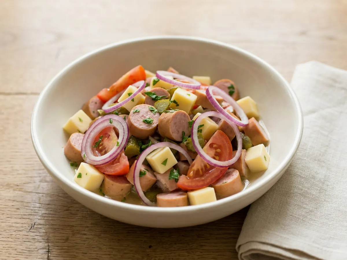 Symbolbild zum Rezept Wurst-Käse Salat nach Emmentaler Art: das fertige Gericht auf einem hellen Teller angerichtet